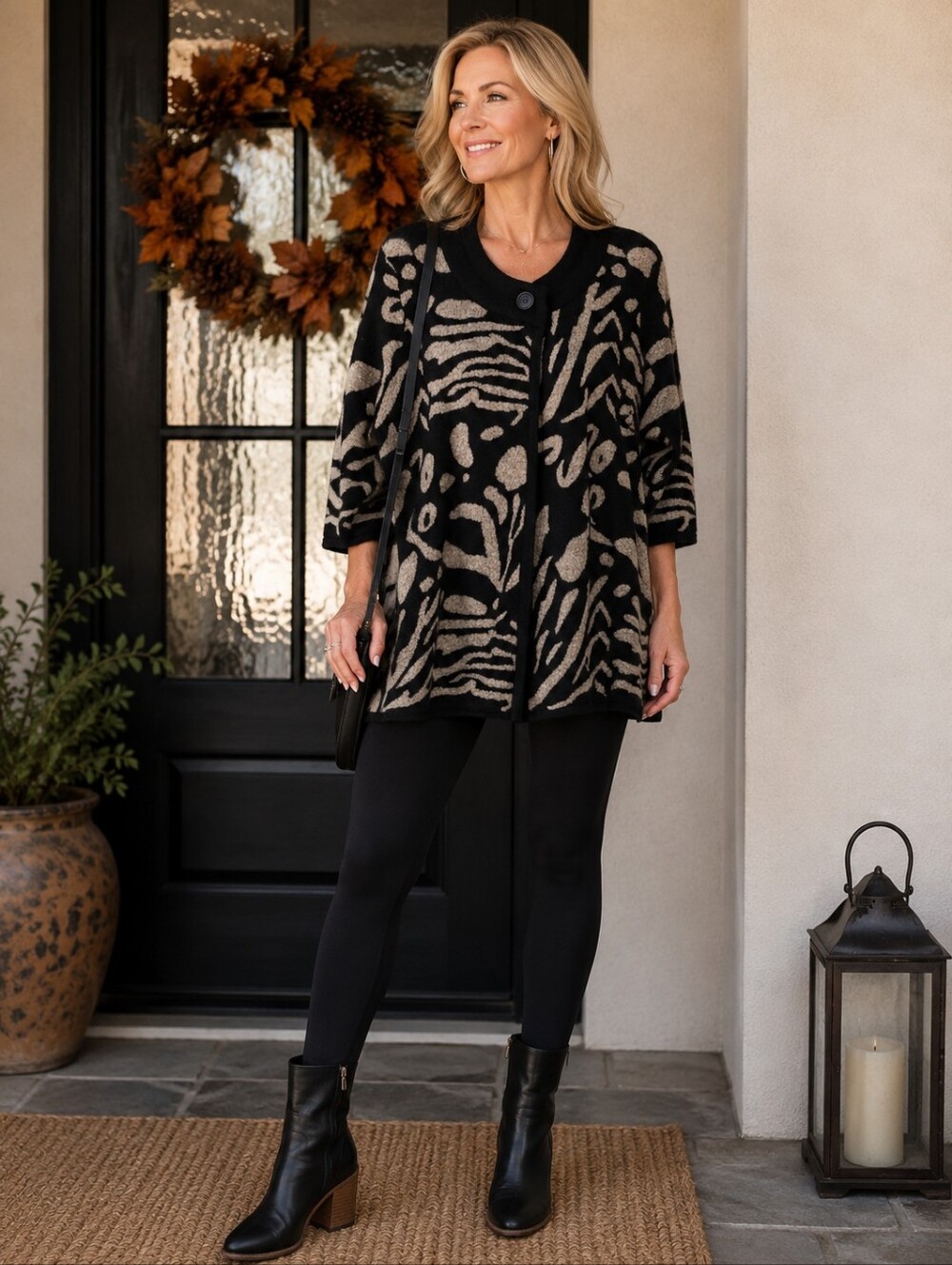 Chico's Black & Cream Patterned Cardigan - 3/4 Sleeves